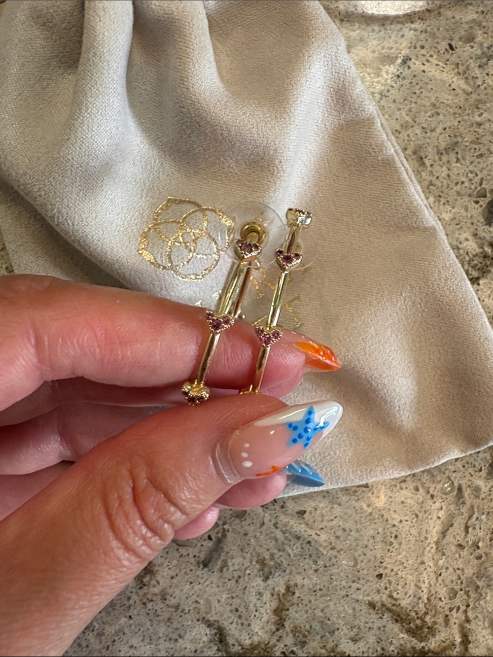 Kendra Scott Gold Tone Heart Bar Drop Earrings with Pink Accents